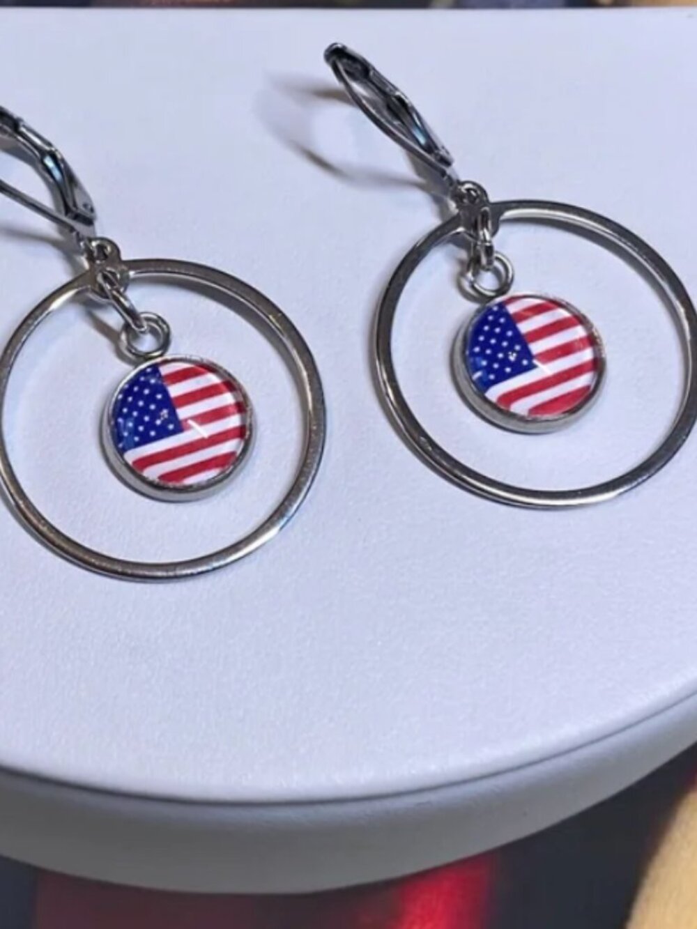 USA American Flag Circle Charm Lever-Back Earrings